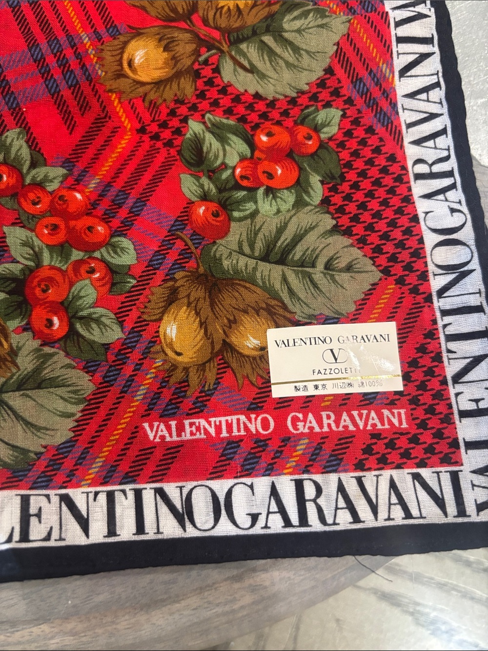 Valentino Garavani Navy Floral & Red Plaid Floral cotton Scarves/handkerchief - Picture 3 of 7